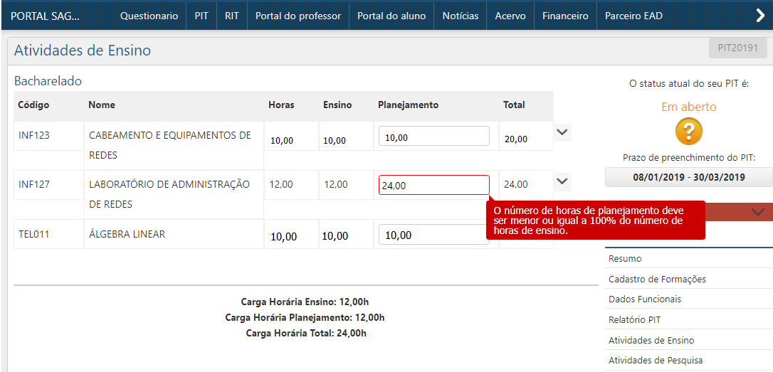 Ativi​dades de Ensino- Tela principal