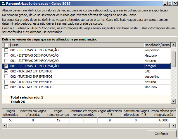 Parametrização de vagas - Interface