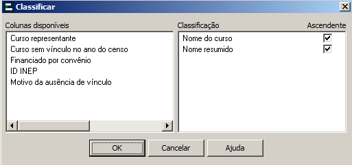 Parametrização de cursos - Dados Adicionais - Função classificar