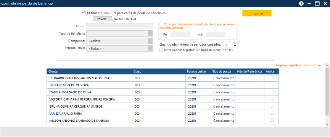 Resultado da importação de dados por CSV