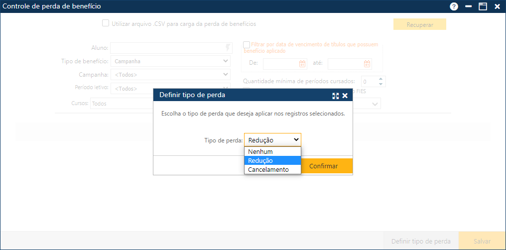 Definir tipo de perda - Opções