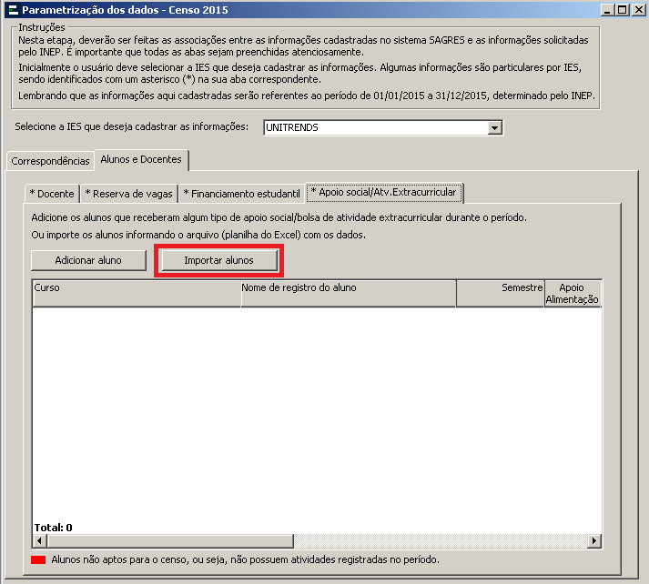 Tela de Parametrização - Alunos e Docentes - Apoio social - Botão importar alunos