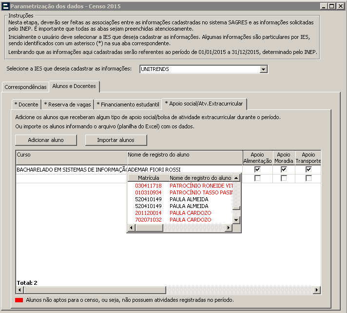 Tela de Parametrização - Alunos e Docentes - Apoio social - Cadastro de alunos
