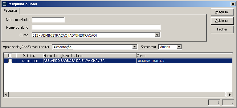 Tela de Parametrização - Alunos e Docentes - Apoio social - Pesquisa de alunos