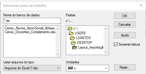 Tela de Parametrização - Alunos e Docentes - Docente - Criar arquivo ODBC - Selecionar pasta