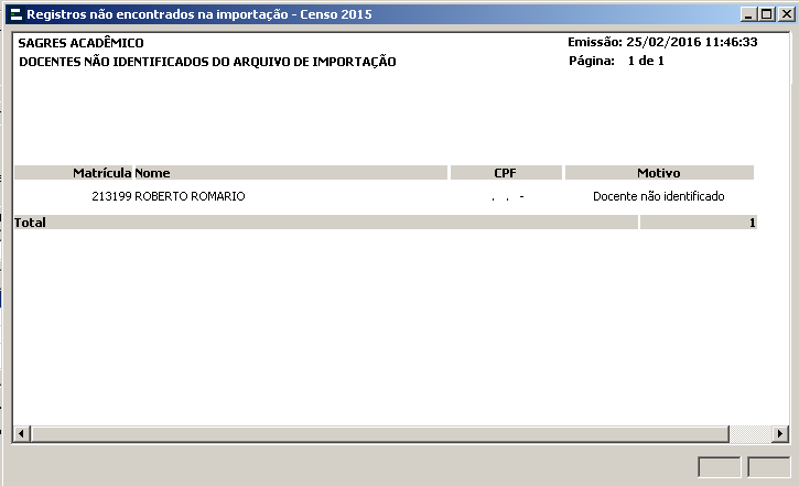 Tela de Parametrização - Alunos e Docentes - Docente - Relatório de docentes não identificados