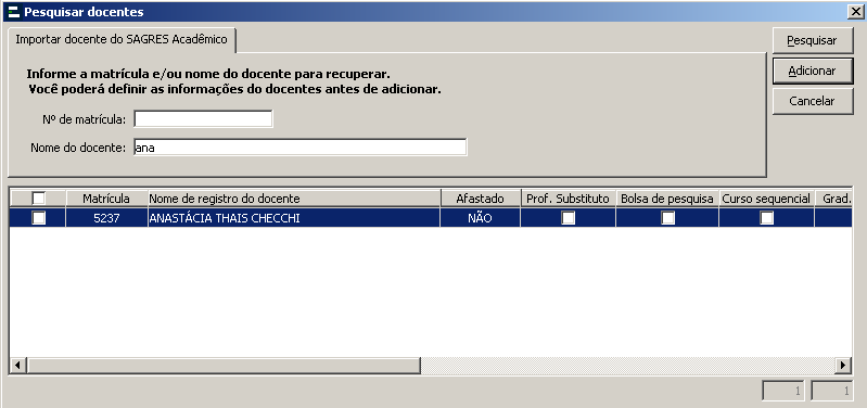 Tela de Parametrização - Alunos e Docentes - Docente - Resultado da pesquisa para importação