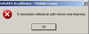 Tela de Parametrização - Alunos e Docentes - Financiamento estudantil - Aviso para selecionar uma empresa