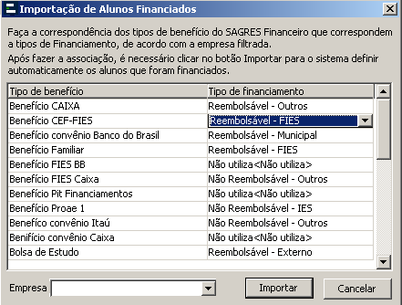Tela de Parametrização - Alunos e Docentes - Financiamento estudantil - Importar alunos financiados