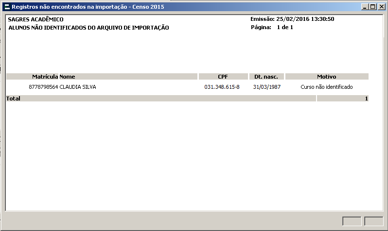 Tela de Parametrização - Alunos e Docentes - Financiamento estudantil - Relatório de alunos não identificado