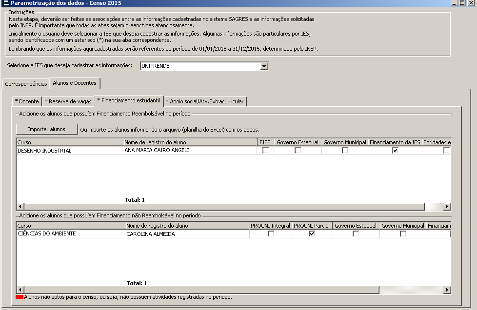 Tela de Parametrização - Alunos e Docentes - Financiamento estudantil
