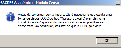 Tela de Parametrização - Alunos e Docentes - Mensagem arquivo ODBC