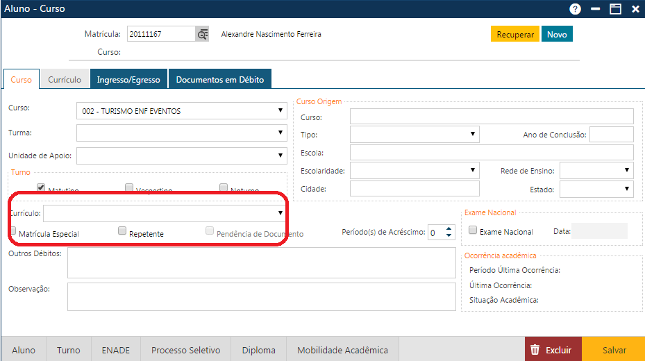 AW-Secretário-CadastroAluno - Pasta Curso Subpasta Curso-Novo curso para o Aluno