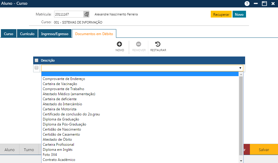 AW-Secretário-CadastroAluno - Pasta Curso Subpasta Documentos em débito