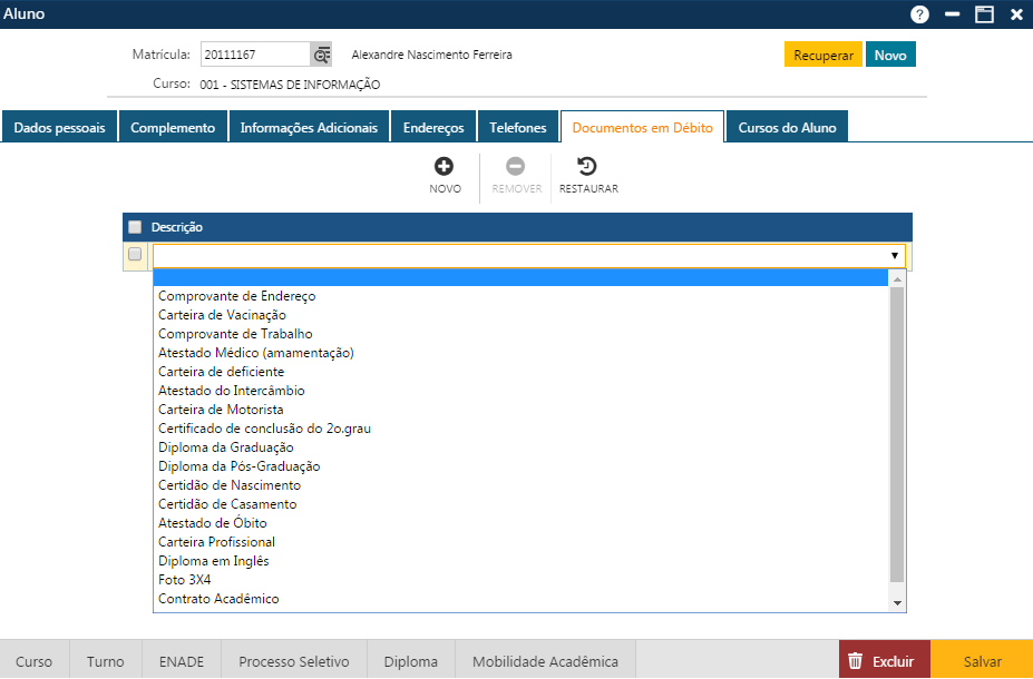 AW-Secretário-CadastroAluno - Pasta Documento em débito