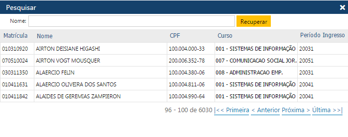 AW-Secretário-CadastroAluno - Tela de Pesquisa