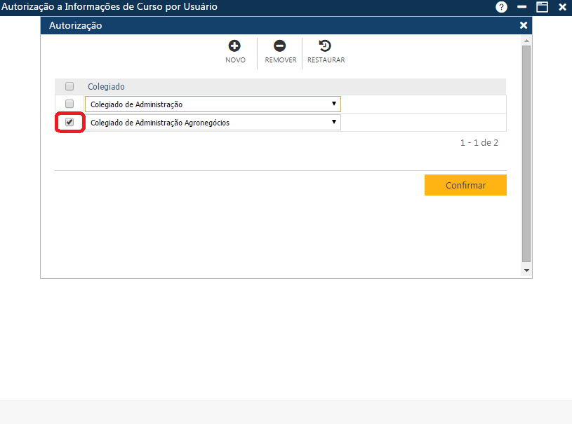 AW-Secretário-Tabela-Atorização-Informações de Curso por Usuário-Preparando exclusão