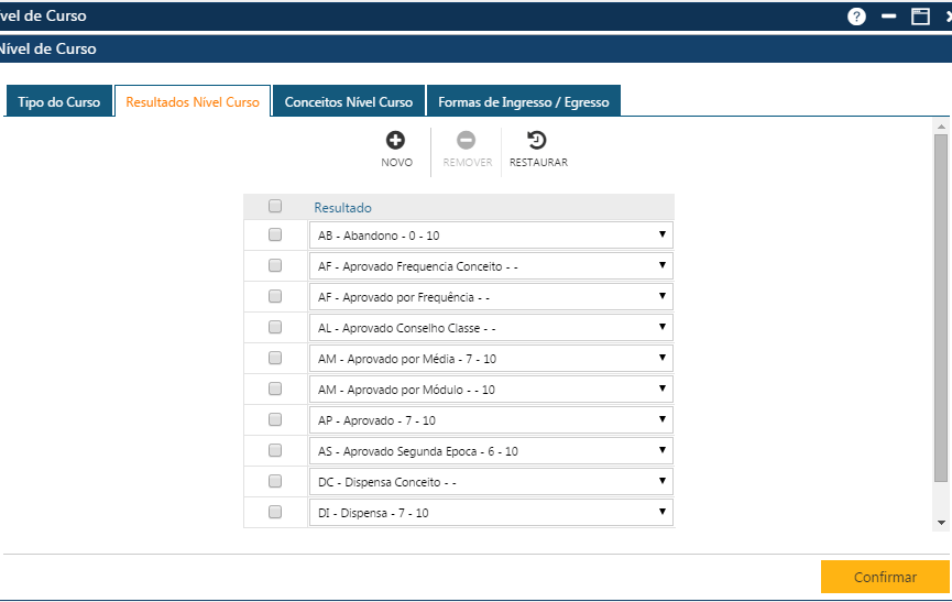 AW-Secretário-Tabela-Currículo-Nível de Curso-Resultados Nivel de Curso