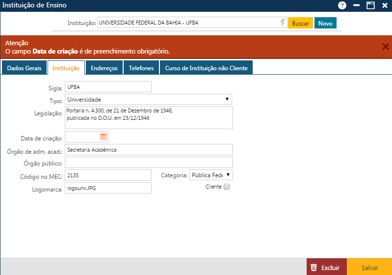 AW-Secretário-Tabela-Institucionais-Instituição de Ensino-Pasta Instituição-ERRO
