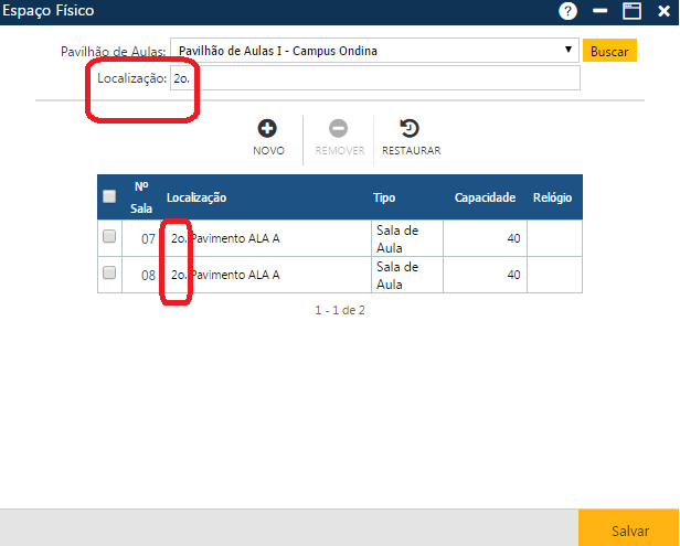 AW-Secretário-Tabela-Planejamento-Espaço Físico-Lista de salas do 2o. Pavimento do Pavilhão selecionado