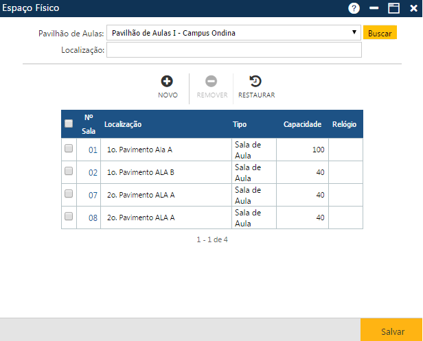 AW-Secretário-Tabela-Planejamento-Espaço Físico-Lista de salas do Pavilhão selecionado