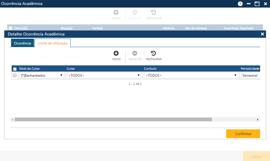 AW-Secretário-Tabela-Registro Escolar-Ocorrência Acadêmica-Incluisão-Pasta Limite de utilização