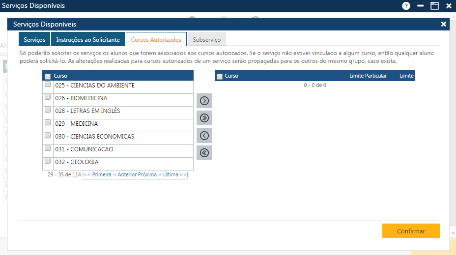 AW-Secretário-Tabela-Serviços-Serviços Disponíveis-Pasta Cursos Autorizados