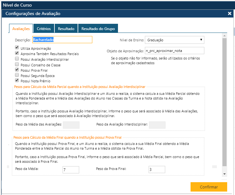 AW-Tabela-Curriculo-Nível de Curso - Cofigura Avaliação - Avaliações