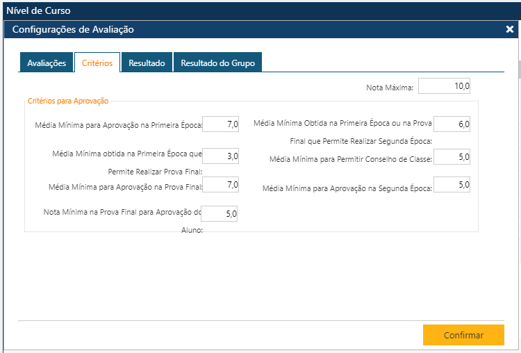 AW-Tabela-Curriculo-Nível de Curso - Cofigura Avaliação - Critérios