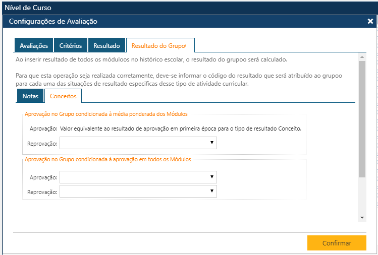 AW-Tabela-Curriculo-Nível de Curso - Cofigura Avaliação - Resultado no Grupo-Conceito