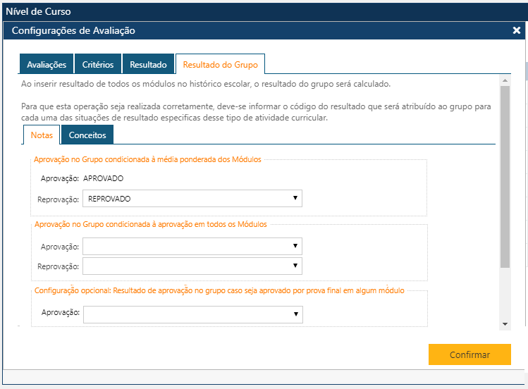 AW-Tabela-Curriculo-Nível de Curso - Cofigura Avaliação - Resultado no Grupo