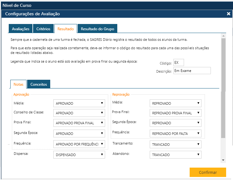 AW-Tabela-Curriculo-Nível de Curso - Cofigura Avaliação - Resultado