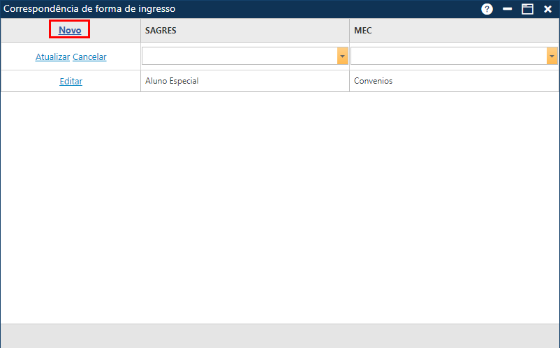 Cadastro-Tabela-Correspondência-Forma de Ingresso-Adicionar Nova Forma de Ingresso