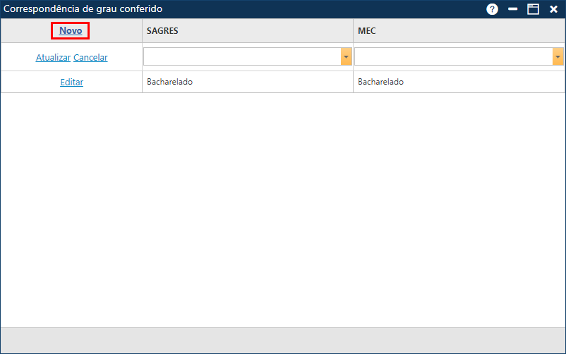 Cadastro-Tabela-Correspondência-Grau Conferido-Adicionando Novo