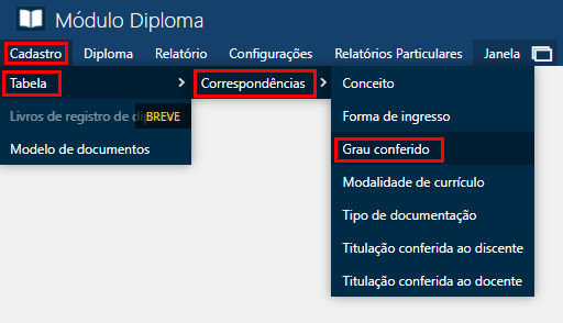 Cadastro-Tabela-Correspondência-Grau Conferido-Menu