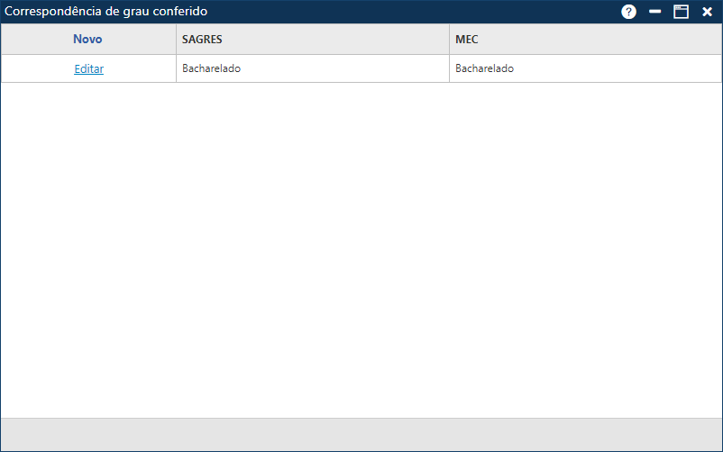 Cadastro-Tabela-Correspondência-Grau Conferido-Tela inicial