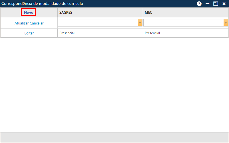 Cadastro-Tabela-Correspondência-Modalidade de Currículo-Adicionando Novo