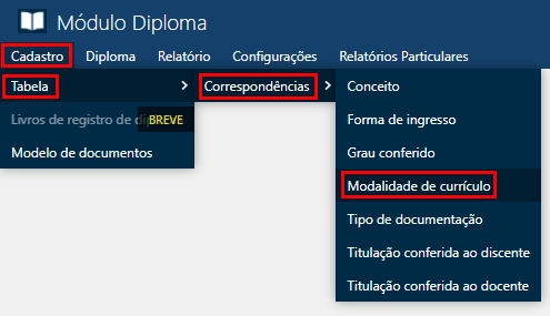Cadastro-Tabela-Correspondência-Modalidade de Currículo-Menu