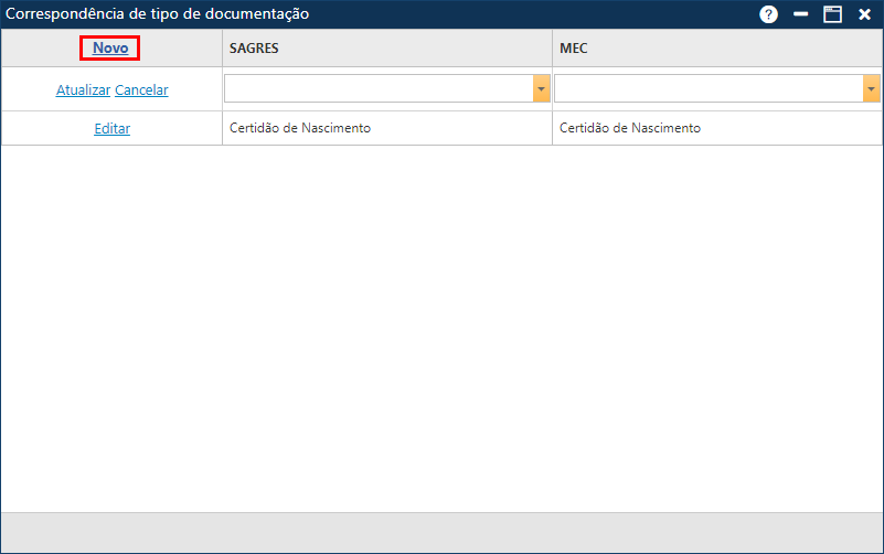 Cadastro-Tabela-Correspondência-Tipo de Documentação-Adicionando Novo