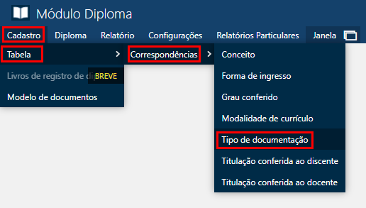 Cadastro-Tabela-Correspondência-Tipo de Documentação-Menu