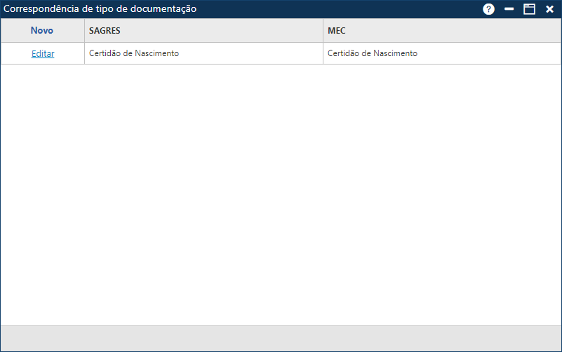 Cadastro-Tabela-Correspondência-Tipo de Documentação-Tela Inicial