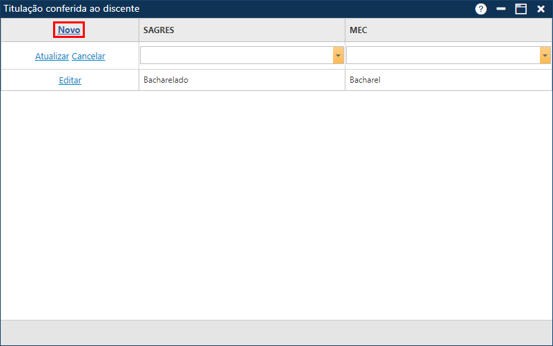 Cadastro-Tabela-Correspondência-Titulação Conferida ao Discente-Adicionando Novo