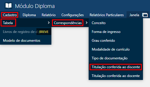 Cadastro-Tabela-Correspondência-Titulação Conferida ao Discente-Menu