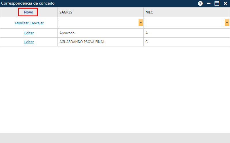Cadastro  Tabela  Correspondências  Conceito - Adicionando Novo Conceito