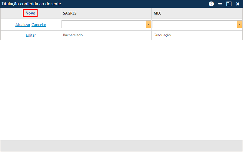 Cadastro-Tabela-Correspondências-Titulação conferida ao Docente​-Adicionar Novo