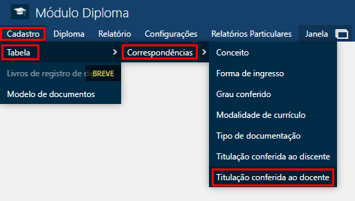 Cadastro-Tabela-Correspondências-Titulação conferida ao Docente​-Menu
