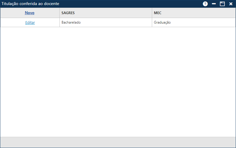 Cadastro-Tabela-Correspondências-Titulação conferida ao Docente​-Tela Inicial