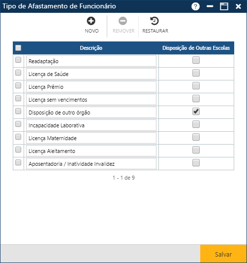 Cadastro - Tipo de Afastamento do Funcionário - Tela Inicial