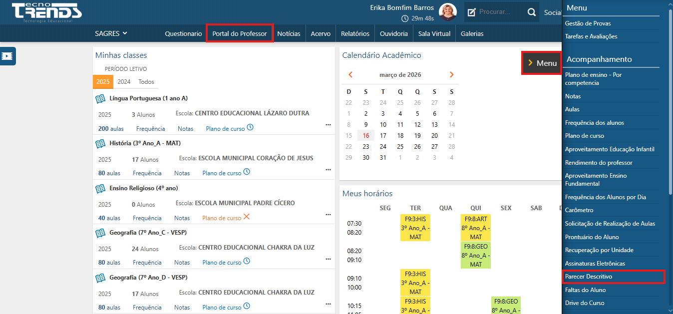 Parecer Descritivo - Menu de Acesso