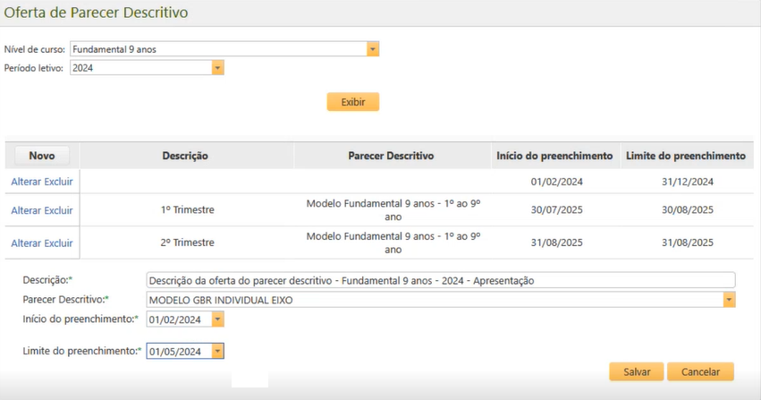 Exemplo de definição para o Parecer Descritivo